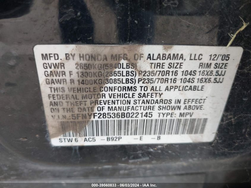 2006 Honda Pilot Ex-L VIN: 5FNYF28536B022145 Lot: 39560833