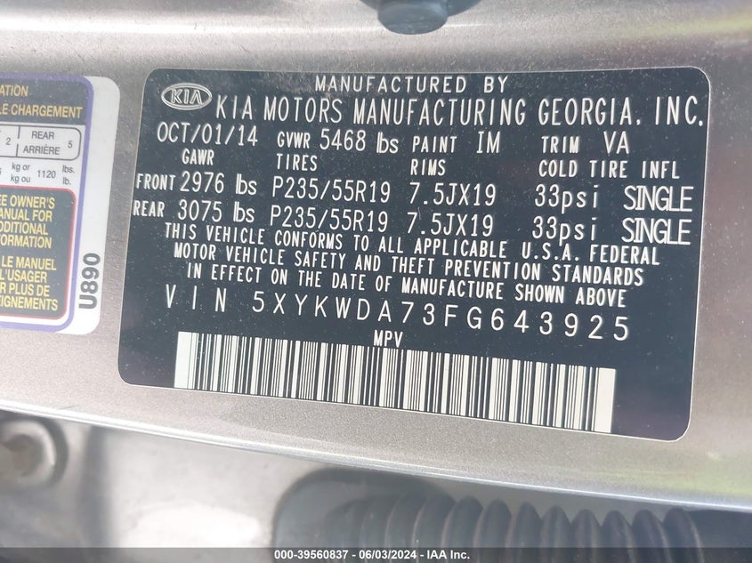 2015 Kia Sorento Limited V6 VIN: 5XYKWDA73FG643925 Lot: 39560837