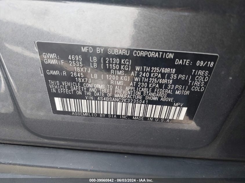 VIN 4S4BSANC2K3235041 2019 SUBARU OUTBACK 2.5I LIMITED