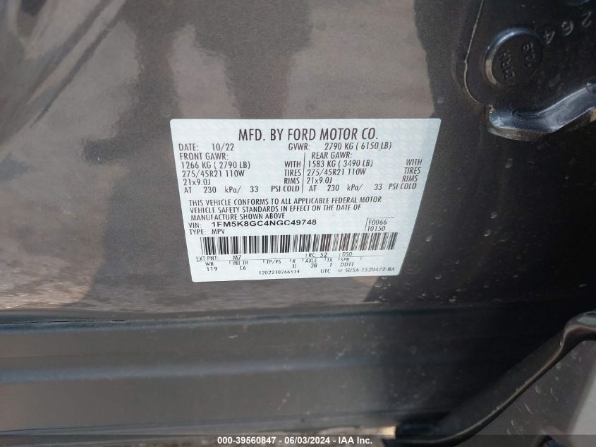 2022 Ford Explorer St VIN: 1FM5K8GC4NGC49748 Lot: 39560847