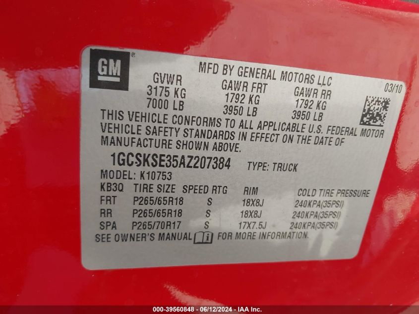 2010 Chevrolet Silverado 1500 Lt VIN: 1GCSKSE35AZ207384 Lot: 39560848