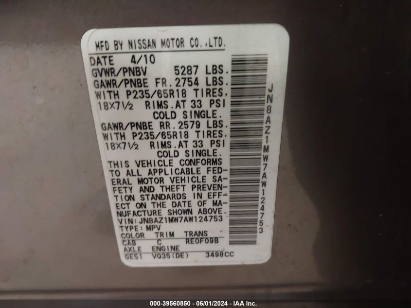 2010 Nissan Murano Sl VIN: JN8AZ1MW7AW124753 Lot: 39560850