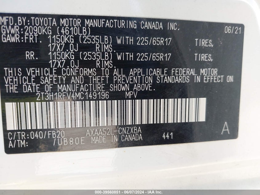 2021 TOYOTA RAV4 LE - 2T3H1RFV4MC149196