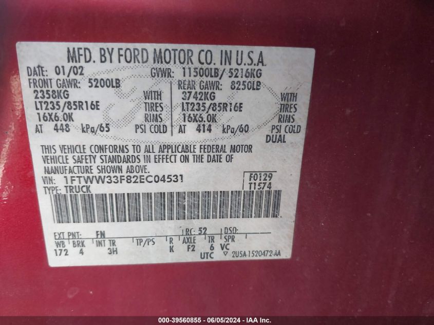 2002 Ford F-350 Lariat/Xl/Xlt VIN: 1FTWW33F82EC04531 Lot: 39560855