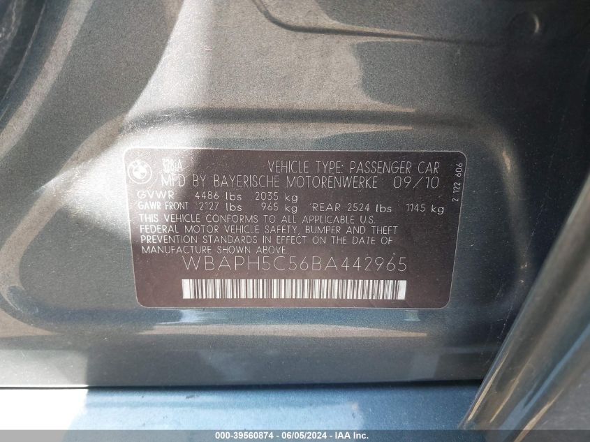 2011 BMW 328I VIN: WBAPH5C56BA442965 Lot: 39560874
