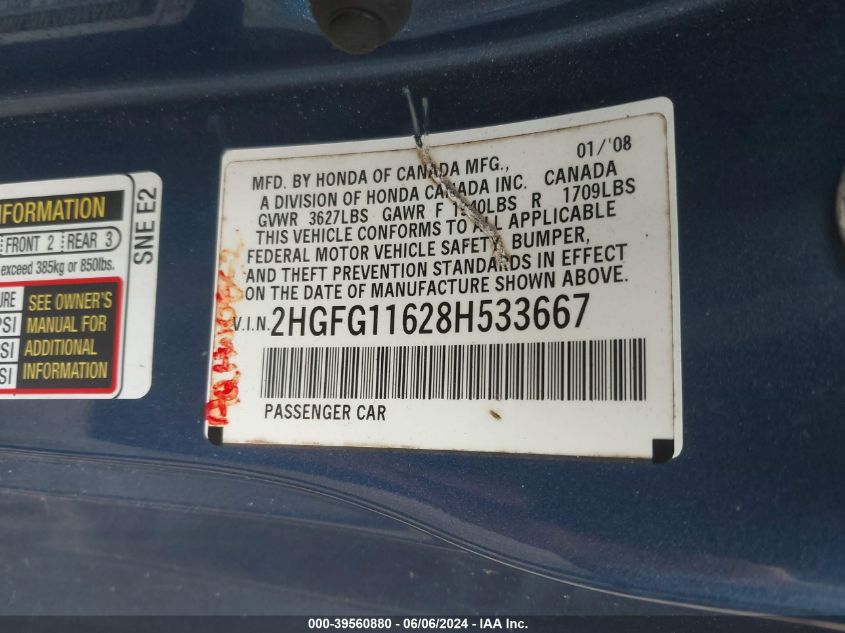 2008 Honda Civic Lx VIN: 2HGFG11628H533667 Lot: 39560880