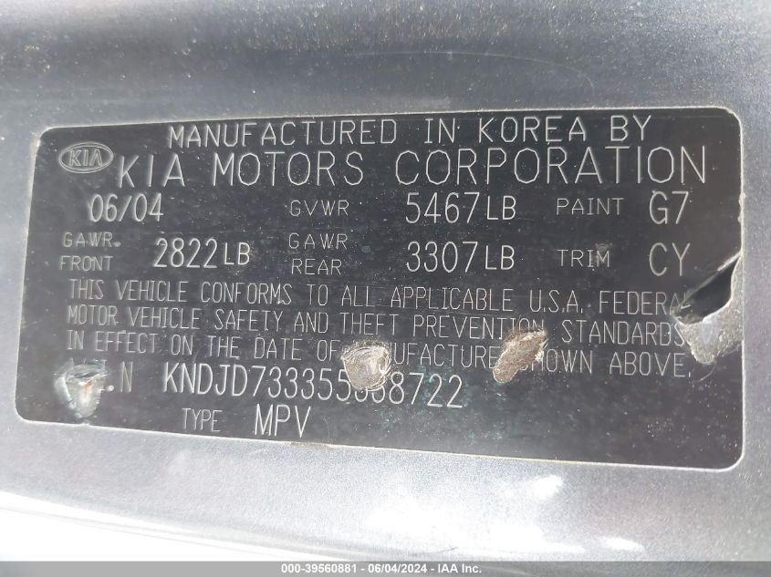 2005 Kia Sorento Ex/Lx VIN: KNDJD733355338722 Lot: 39560881