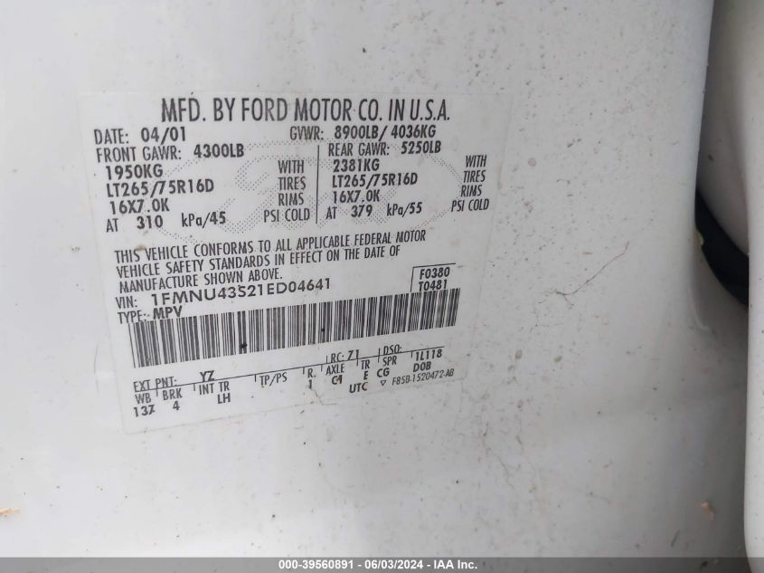 2001 Ford Excursion Limited VIN: 1FMNU43S21ED04641 Lot: 39560891