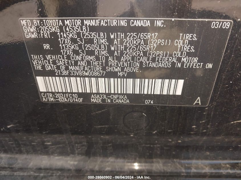 2009 Toyota Rav4 VIN: 2T3BF33V89W008677 Lot: 39560902