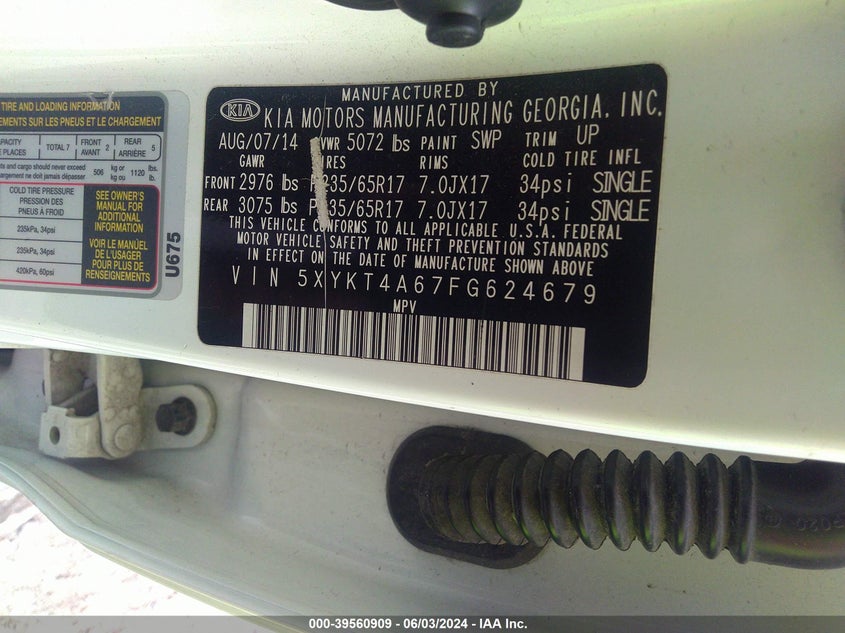 2015 Kia Sorento Lx VIN: 5XYKT4A67FG624679 Lot: 39560909