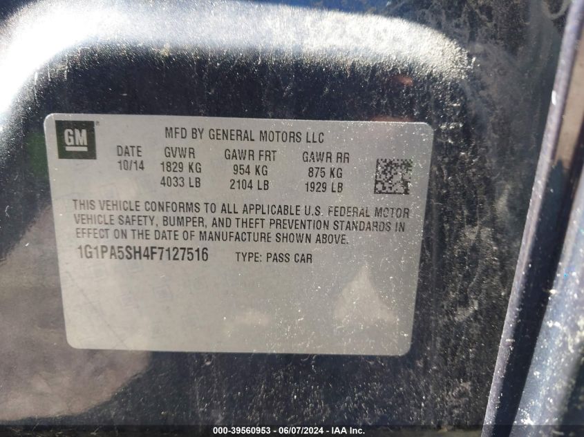 2015 Chevrolet Cruze Ls Auto VIN: 1G1PA5SH4F7127516 Lot: 39560953