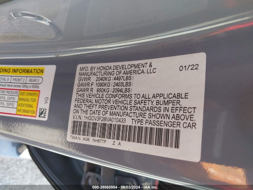 2022 Honda Accord Hybrid Sport VIN: 1HGCV3F28NA010433 Lot: 39560954