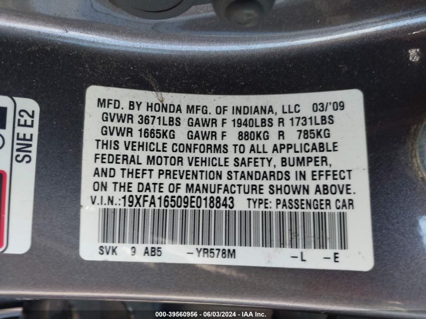 2009 Honda Civic Lx VIN: 19XFA16509E018843 Lot: 39560956