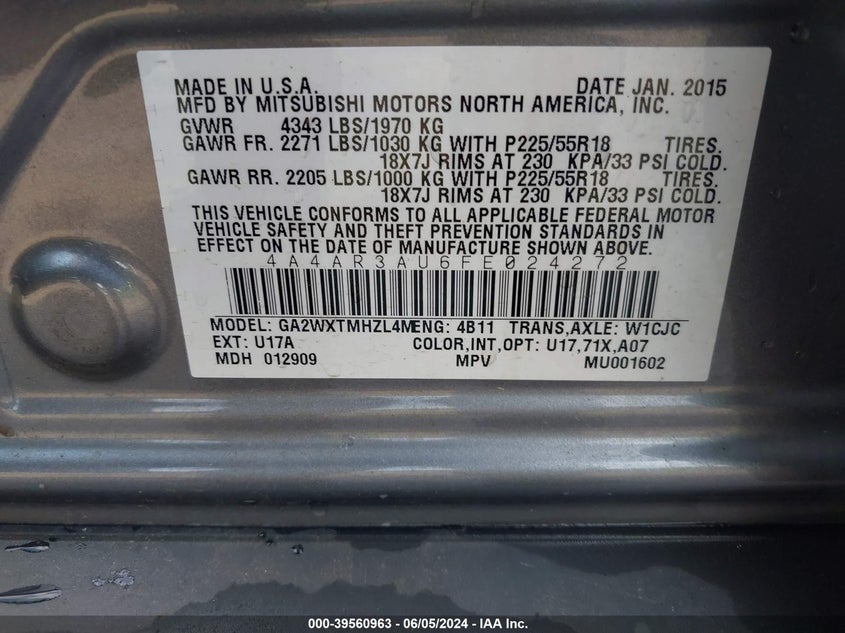 2015 Mitsubishi Outlander Sport Es VIN: 4A4AR3AU6FE024272 Lot: 39560963