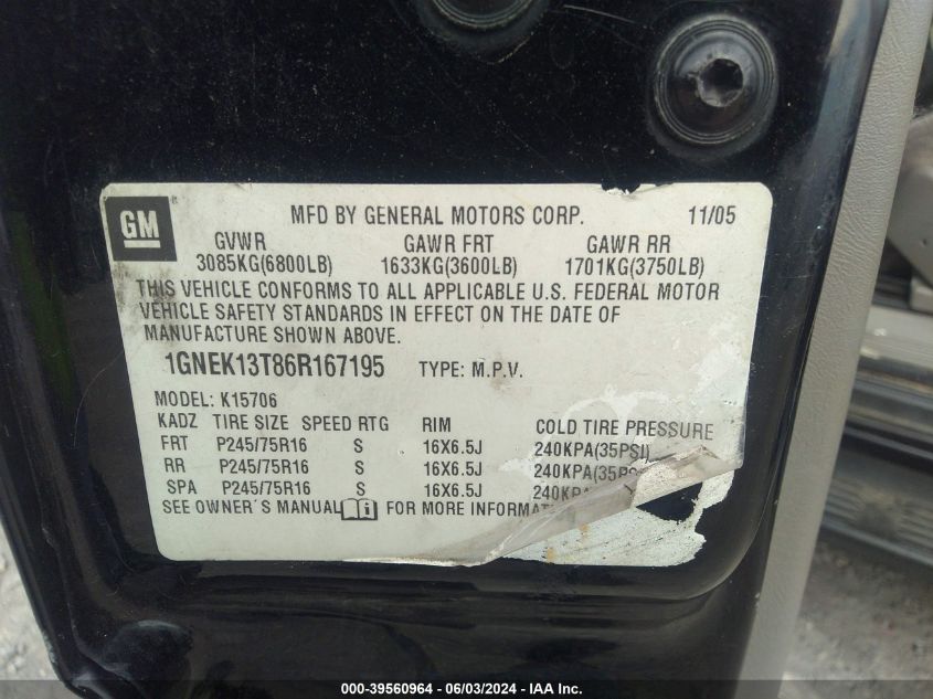 2006 Chevrolet Tahoe Ls VIN: 1GNEK13T86R167195 Lot: 39560964