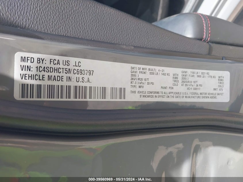 2021 DODGE DURANGO R/T RWD - 1C4SDHCT5MC693797