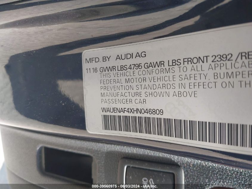 2017 Audi A4 2.0T Premium VIN: WAUENAF4XHN046809 Lot: 39560975