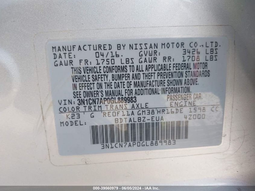 2016 Nissan Versa 1.6 Sv VIN: 3N1CN7AP0GL889983 Lot: 39560979