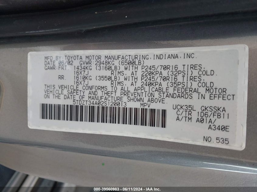 2002 Toyota Sequoia Sr5 V8 VIN: 5TDZT34A02S120013 Lot: 39560983