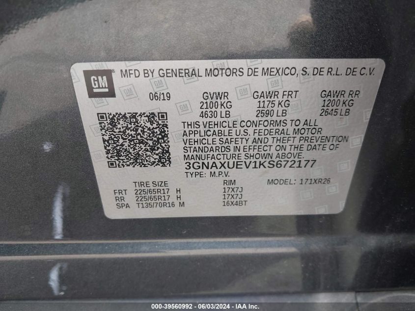 2019 Chevrolet Equinox Lt VIN: 3GNAXUEV1KS672177 Lot: 39560992