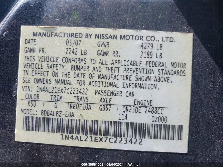 2007 Nissan Altima 2.5 S VIN: 1N4AL21EX7C223422 Lot: 39561002