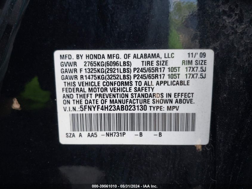 2010 Honda Pilot Lx VIN: 5FNYF4H23AB023130 Lot: 39561010