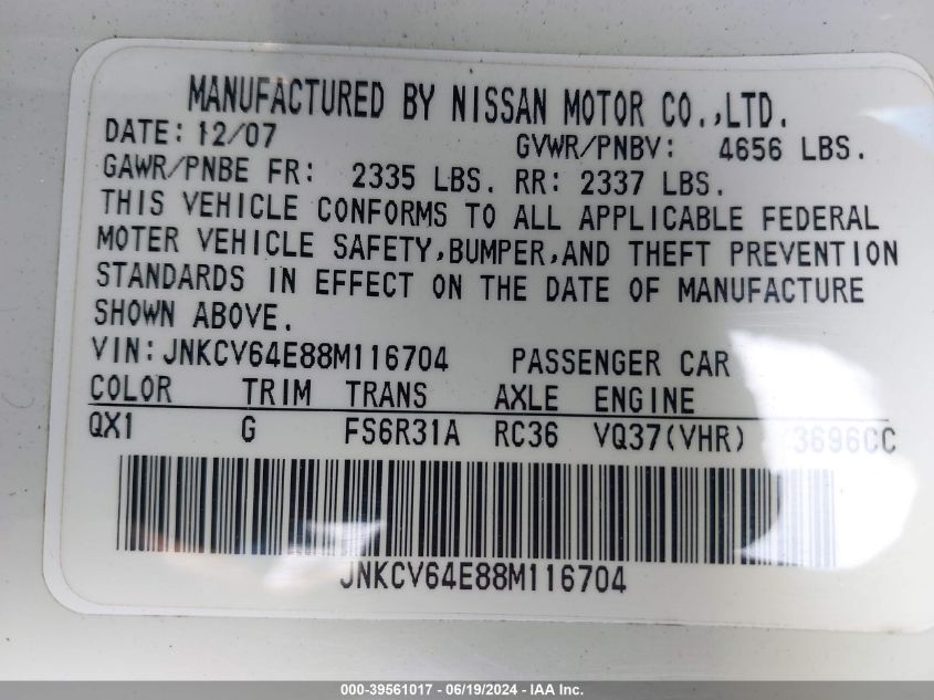 2008 Infiniti G37 Sport VIN: JNKCV64E88M116704 Lot: 39561017