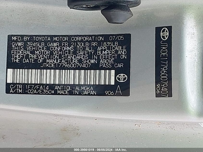 2006 Scion Tc VIN: JTKDE177960079407 Lot: 39561019