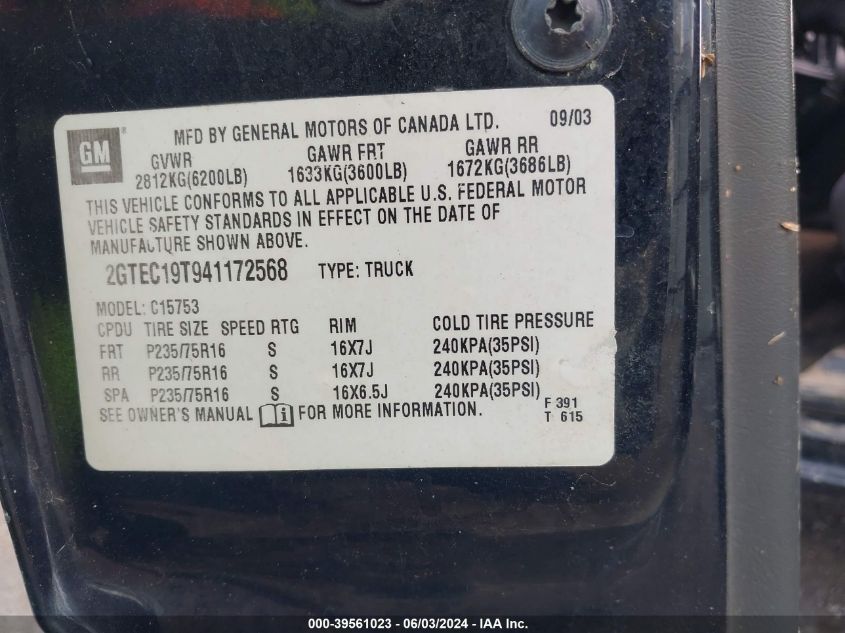 2004 GMC Sierra 1500 Sle VIN: 2GTEC19T941172568 Lot: 39561023