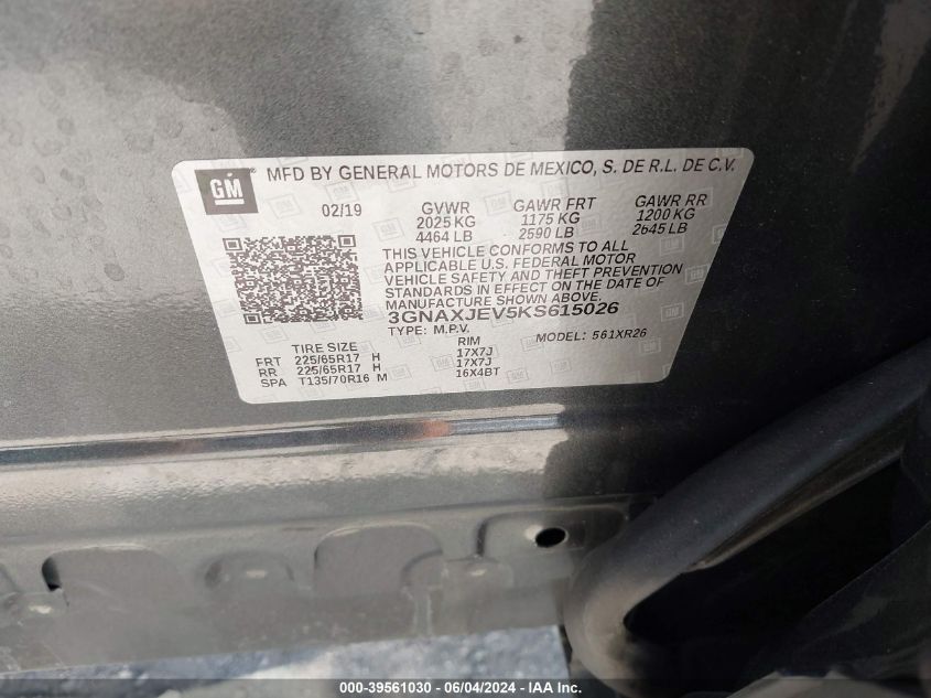 2019 Chevrolet Equinox Lt VIN: 3GNAXJEV5KS615026 Lot: 39561030