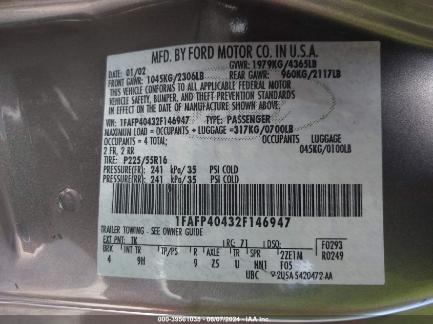 2002 Ford Mustang VIN: 1FAFP40432F146947 Lot: 39561035