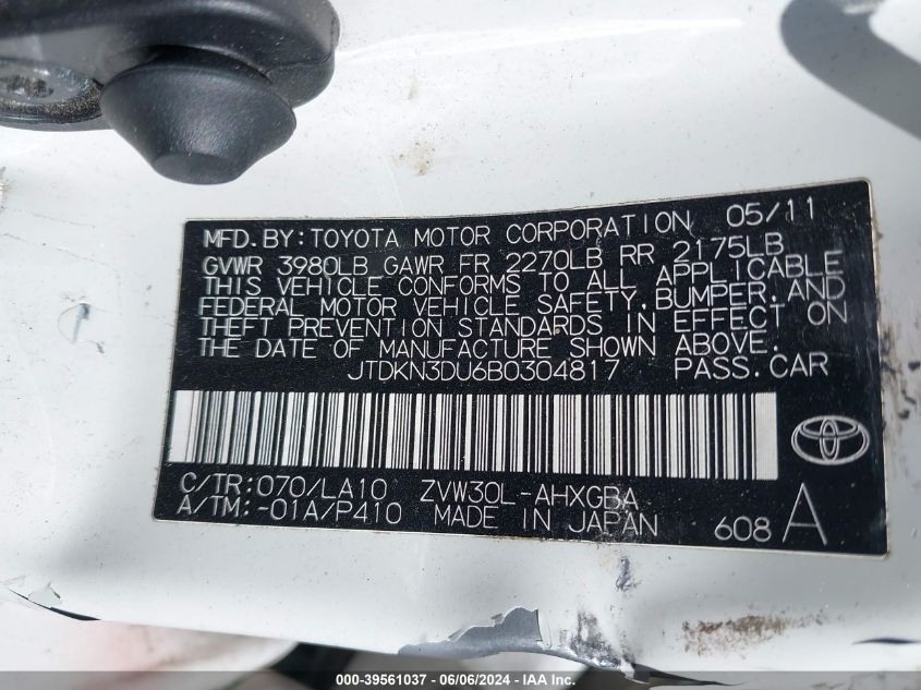 2011 Toyota Prius Four VIN: JTDKN3DU6B0304817 Lot: 39561037