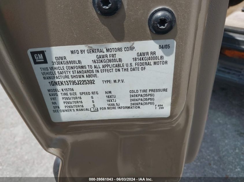 2005 Chevrolet Tahoe Ls VIN: 1GNEK13T95J225392 Lot: 39561043