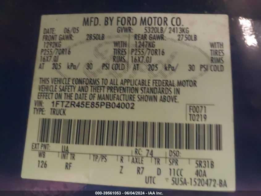 2005 Ford Ranger Edge/Fx4 Level Ii/Fx4 Off-Road/Xlt VIN: 1FTZR45E85PB04002 Lot: 39561053