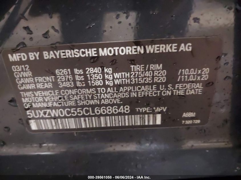 2012 BMW X5 xDrive35D VIN: 5UXZW0C55CL668648 Lot: 39561058