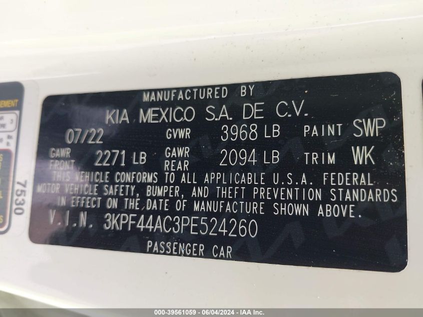 2023 Kia Forte Gt VIN: 3KPF44AC3PE524260 Lot: 39561059