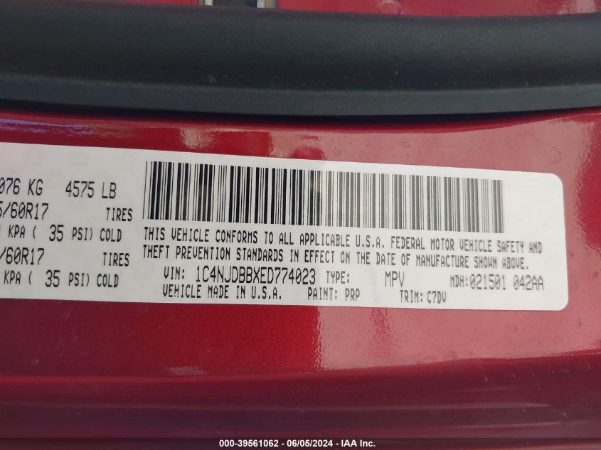 2014 Jeep Compass Sport VIN: 1C4NJDBBXED774023 Lot: 39561062