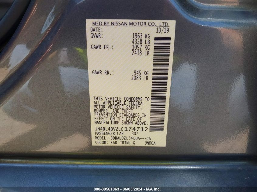 2020 Nissan Altima S Fwd VIN: 1N4BL4BV2LC174712 Lot: 39561063