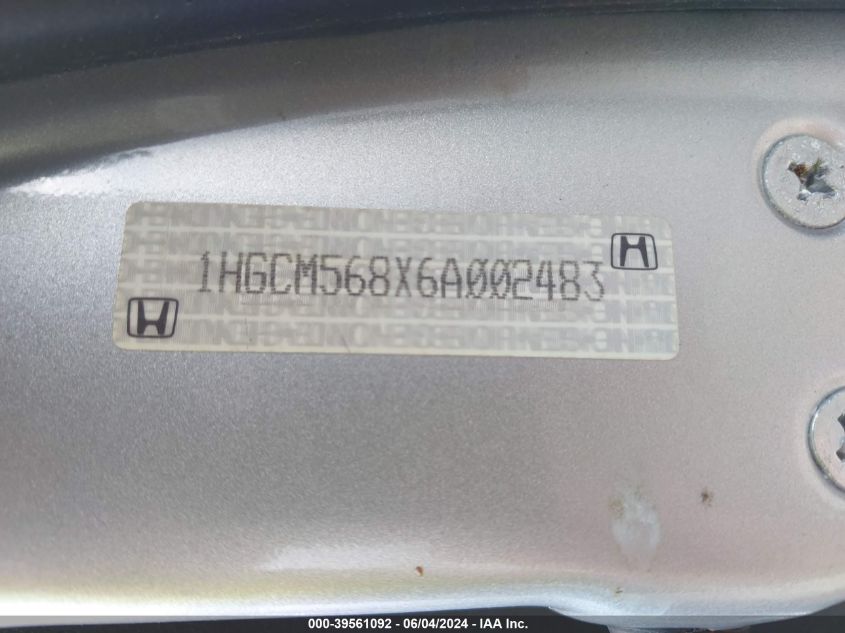 2006 Honda Accord 2.4 Ex VIN: 1HGCM568X6A002483 Lot: 39561092