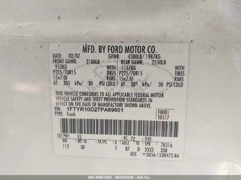 2007 Ford Ranger Stx/Xl/Xlt VIN: 1FTYR10D27PA69601 Lot: 39561093