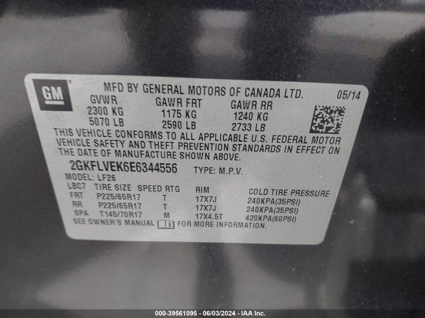 2014 GMC Terrain Sle-1 VIN: 2GKFLVEK6E6344556 Lot: 39561095