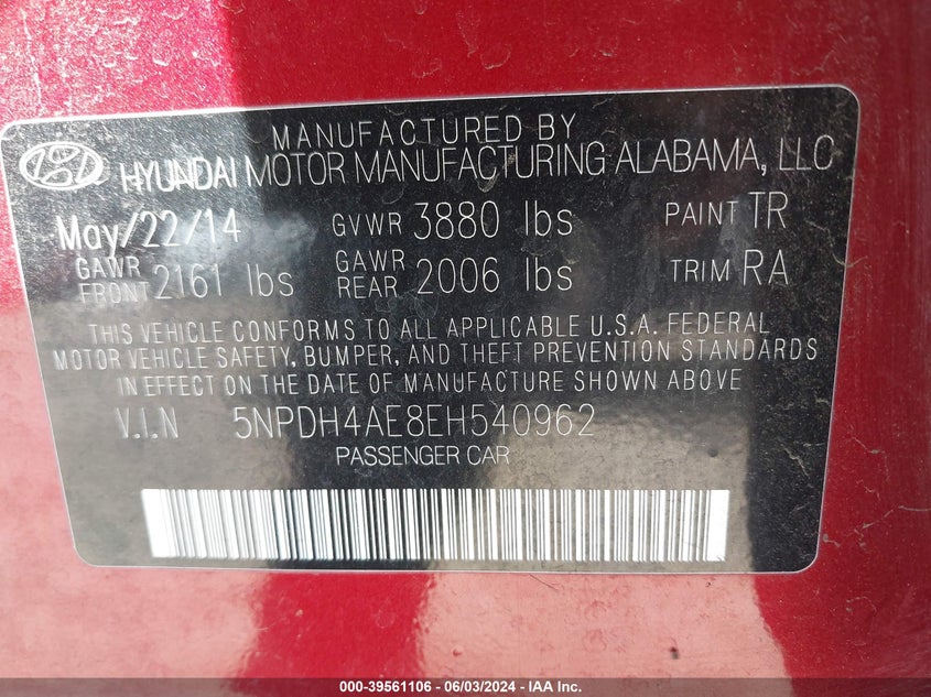 2014 Hyundai Elantra Se VIN: 5NPDH4AE8EH540962 Lot: 39561106