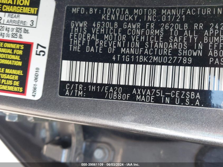 2021 Toyota Camry VIN: 4T1G11BK2MU027789 Lot: 39561109