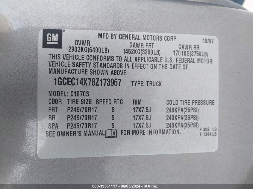 2008 Chevrolet Silverado 1500 Work Truck VIN: 1GCEC14X78Z173967 Lot: 39561117