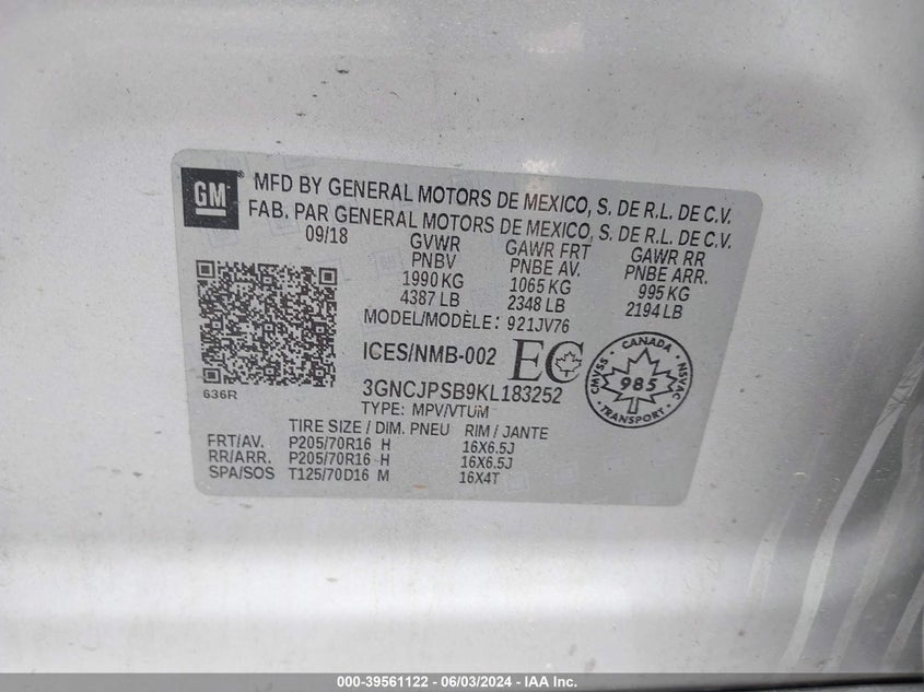 2019 CHEVROLET TRAX LT - 3GNCJPSB9KL183252