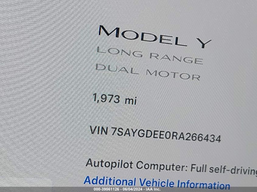 2024 Tesla Model Y Long Range Dual Motor All-Wheel Drive VIN: 7SAYGDEE0RA266434 Lot: 39561126