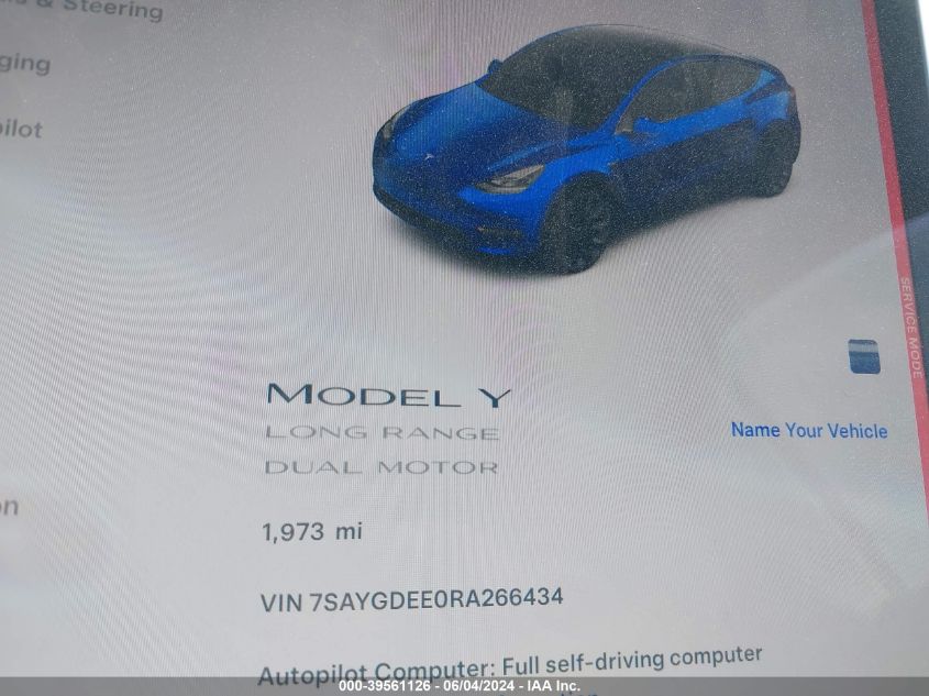 2024 Tesla Model Y Long Range Dual Motor All-Wheel Drive VIN: 7SAYGDEE0RA266434 Lot: 39561126