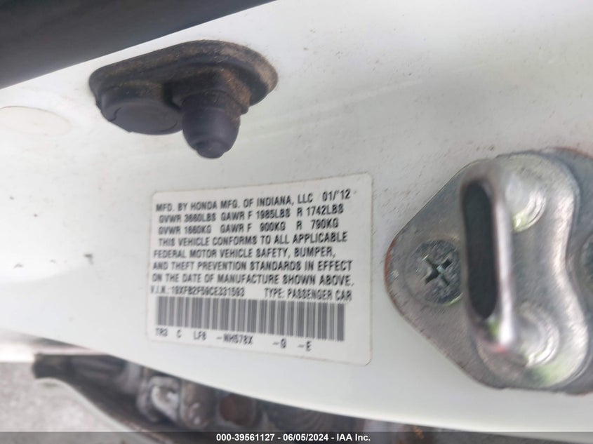 2012 Honda Civic Lx VIN: 19XFB2F59CE331593 Lot: 39561127