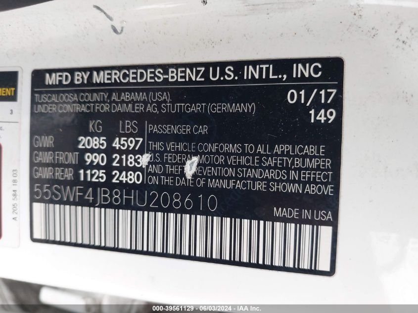 2017 Mercedes-Benz C 300 Luxury/Sport VIN: 55SWF4JB8HU208610 Lot: 39561129