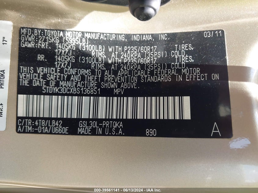 2011 Toyota Sienna Xle V6 VIN: 5TDYK3DCXBS136851 Lot: 39561141